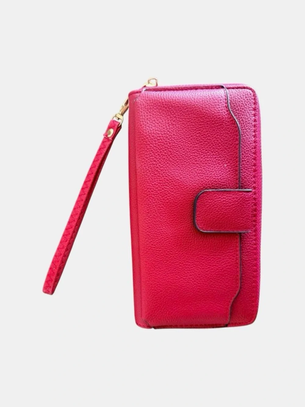 Preppy Minimalist Red Pebbled Faux Leather Zipper Wristlet Wallet Clutch